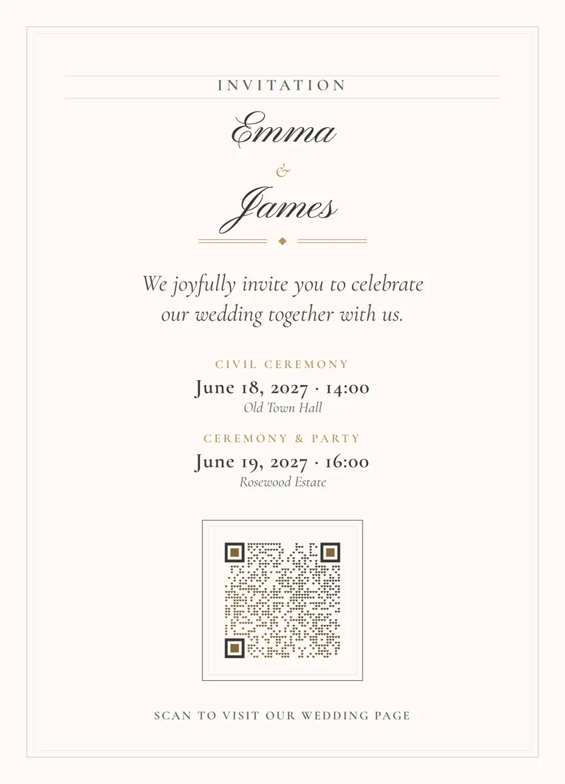 Matching wedding invitation and table card with QR code